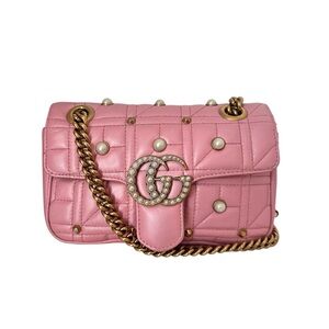 Gucci Calfskin Matelasse Studded Pearly GG Marmont Shoulder Bag -Pink